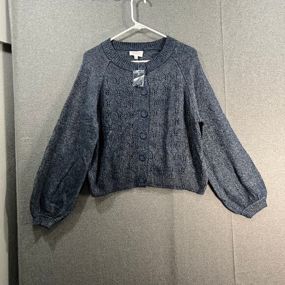 Candace Cameron Bure Pointelle Sweater with Novelty Button Midnight Blue, Medium - Picture 1 of 9